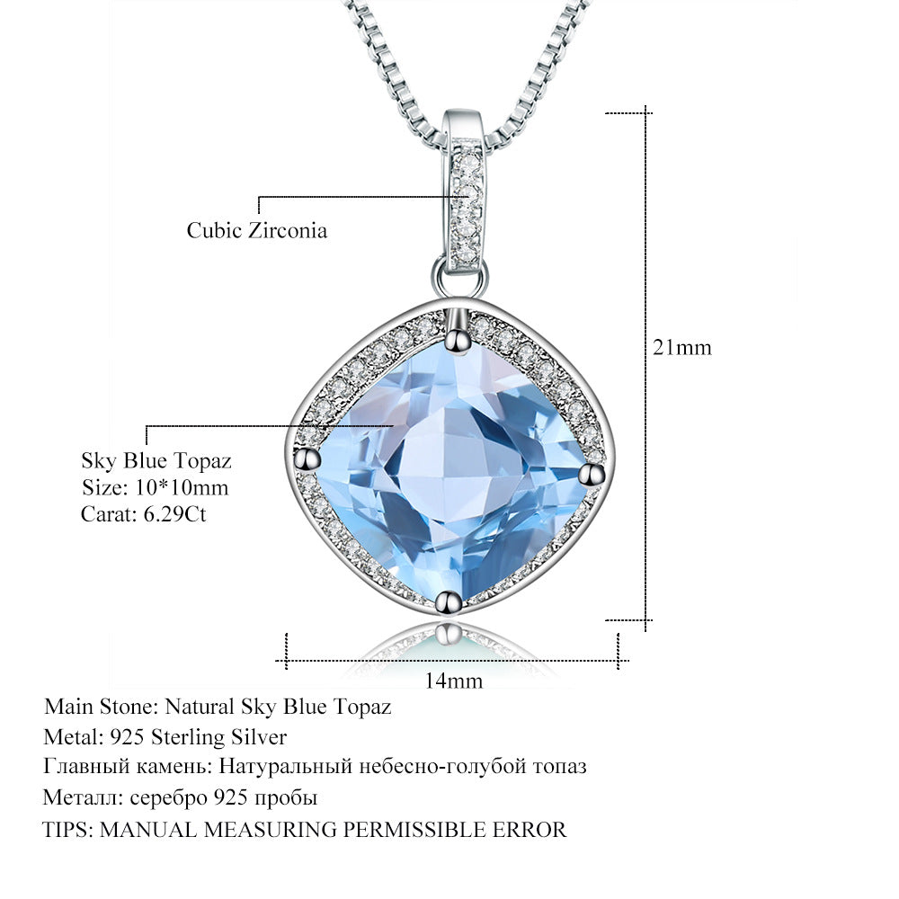 Luxurious Minimalist Fashion Natural Gemstone Necklace Pendant925Silver Inlaid Sky Blue Topaz Gemstone Necklace Pendant