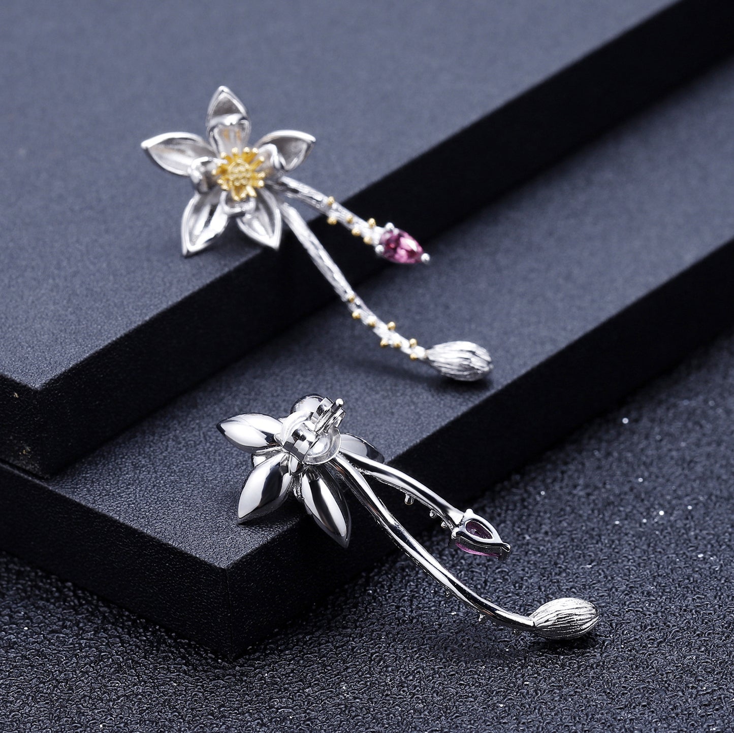 Designer High-End Gemstone Earrings Natural Style Floral Design925Silver Natural Rose Garnet Earrings