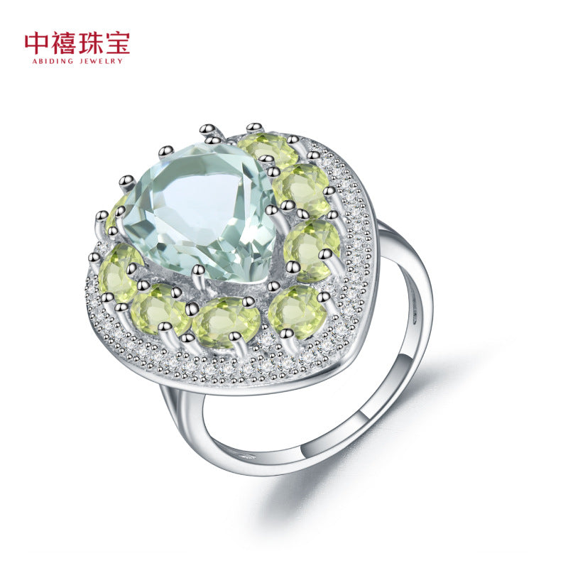 s925Silver Natural Peridot Green Amethyst Ring High-end Fashion Luxurious Inlaid Natural Gemstone Ring