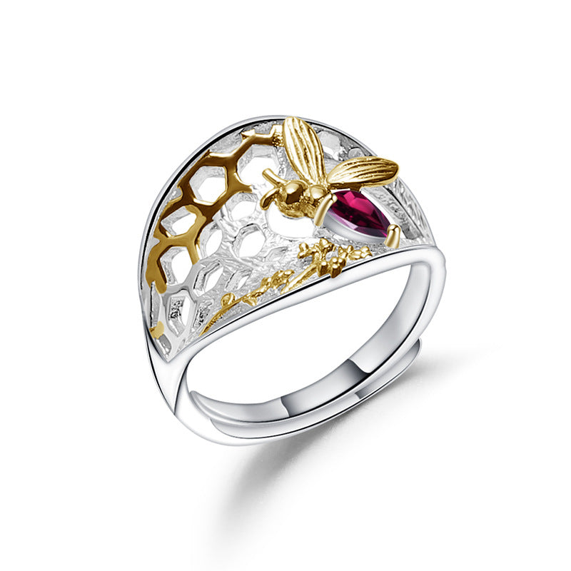Designer Style Natural Wind Adjustable Open Ring Beehive Design s925Silver natural gemstone ring