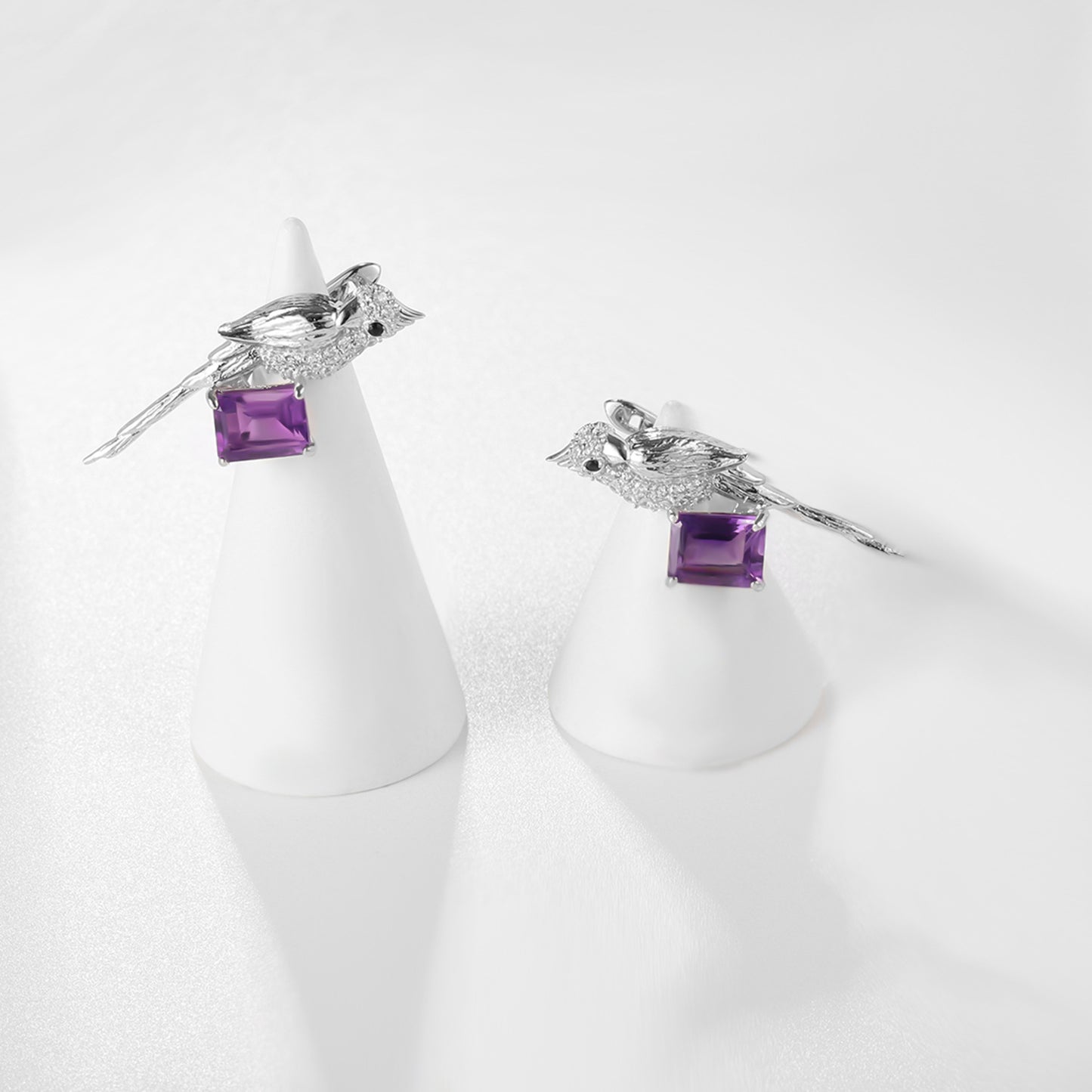 Designer High-End French Romantic Earrings Bird Design s925Silver Natural Amethyst Stud Earrings