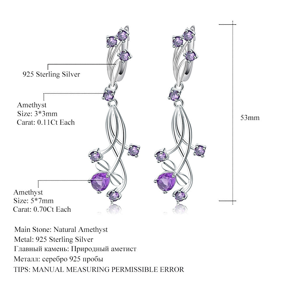 Natural Gemstones925Sterling Silver Earrings Luxury Design Light Luxury Jewelry Accessories Natural Amethyst Earrings Studs Drop Earrings