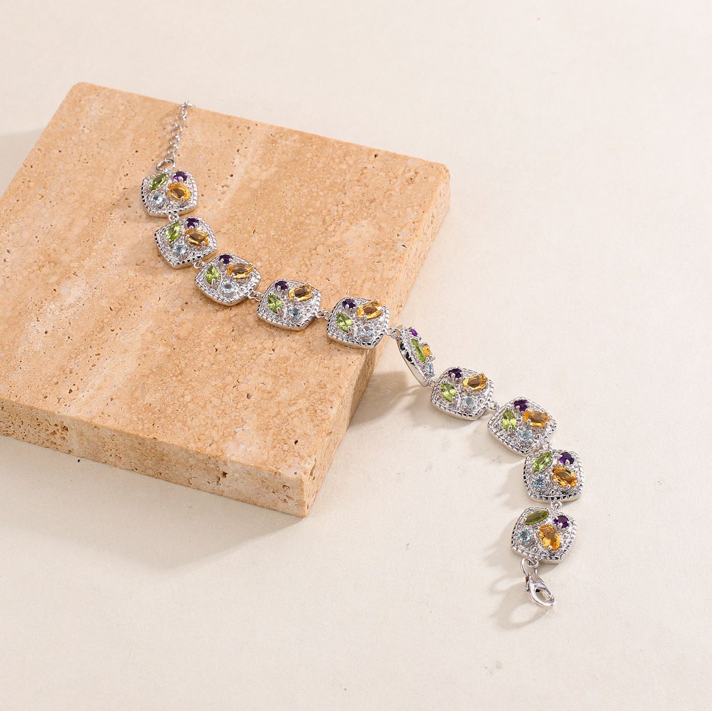 Unique Niche Design Light Luxury Natural Colorful Gemstone Bracelet S925Sterling Silver Plated18k Gold Bracelet