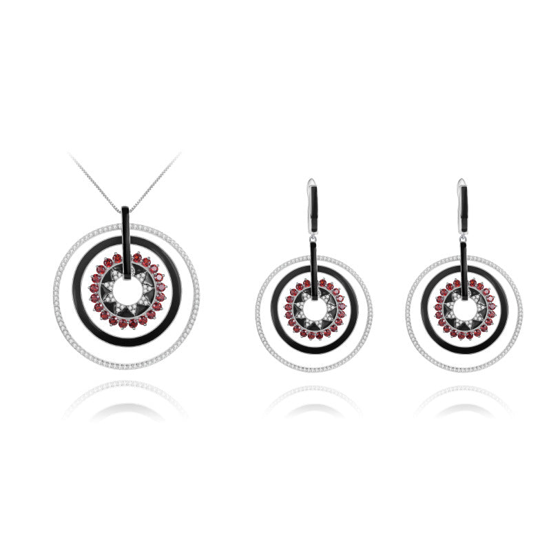Designer Natural Garnet Enamel Earrings Unique Circular Design925Silver Color Gemstone Earrings
