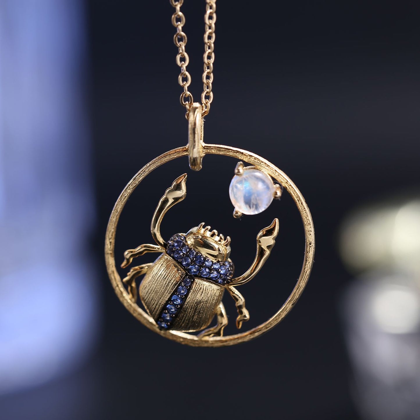 Independent Designer Natural Cream Blue Moonstone Pendant Insect s925Sterling Silver Gemstone Niche Design Necklace for Women