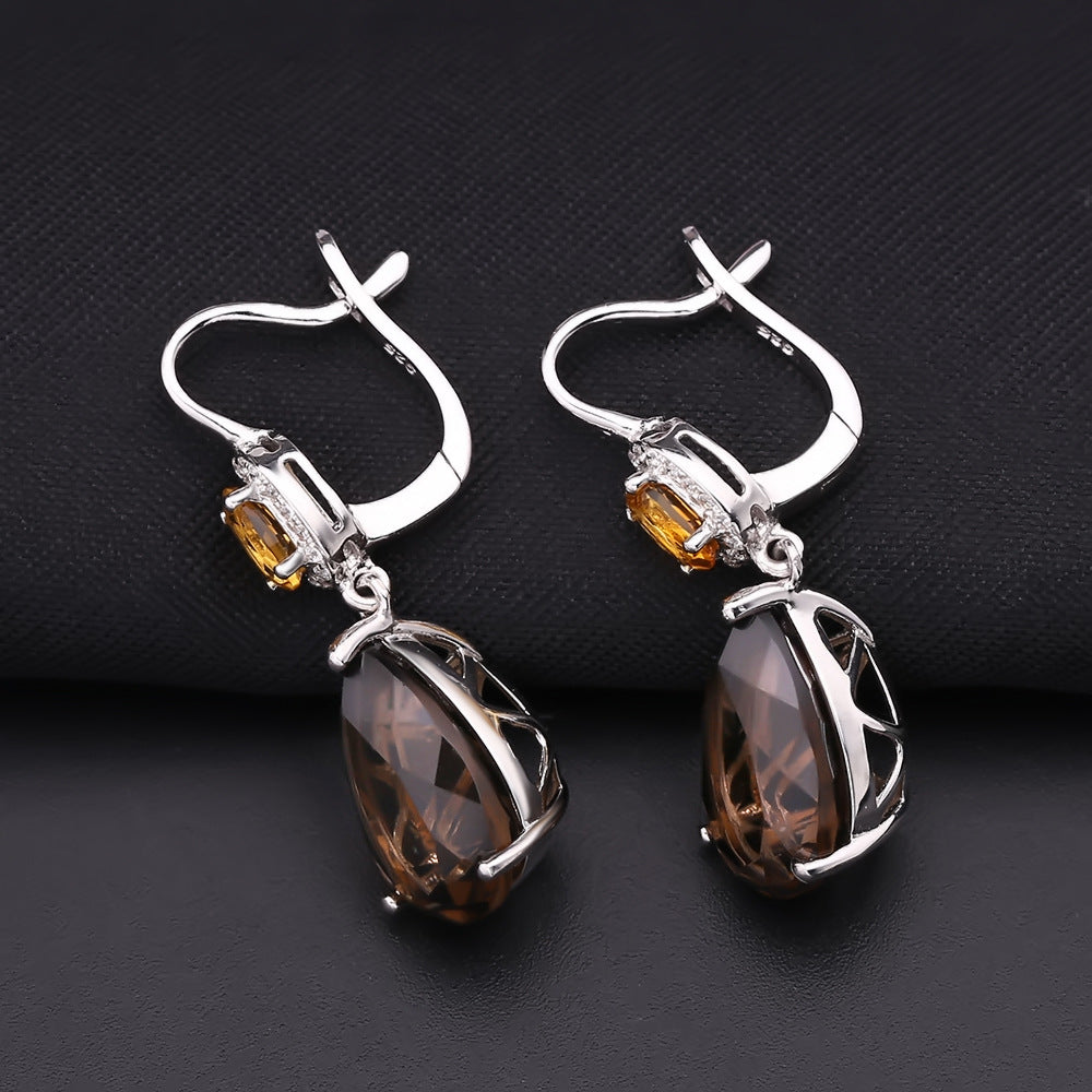 Jewelry Large Carat Natural Gemstone Pear-Shaped Earrings Luxurious s925Silver Inlaid Natural Tea Crystal Earrings