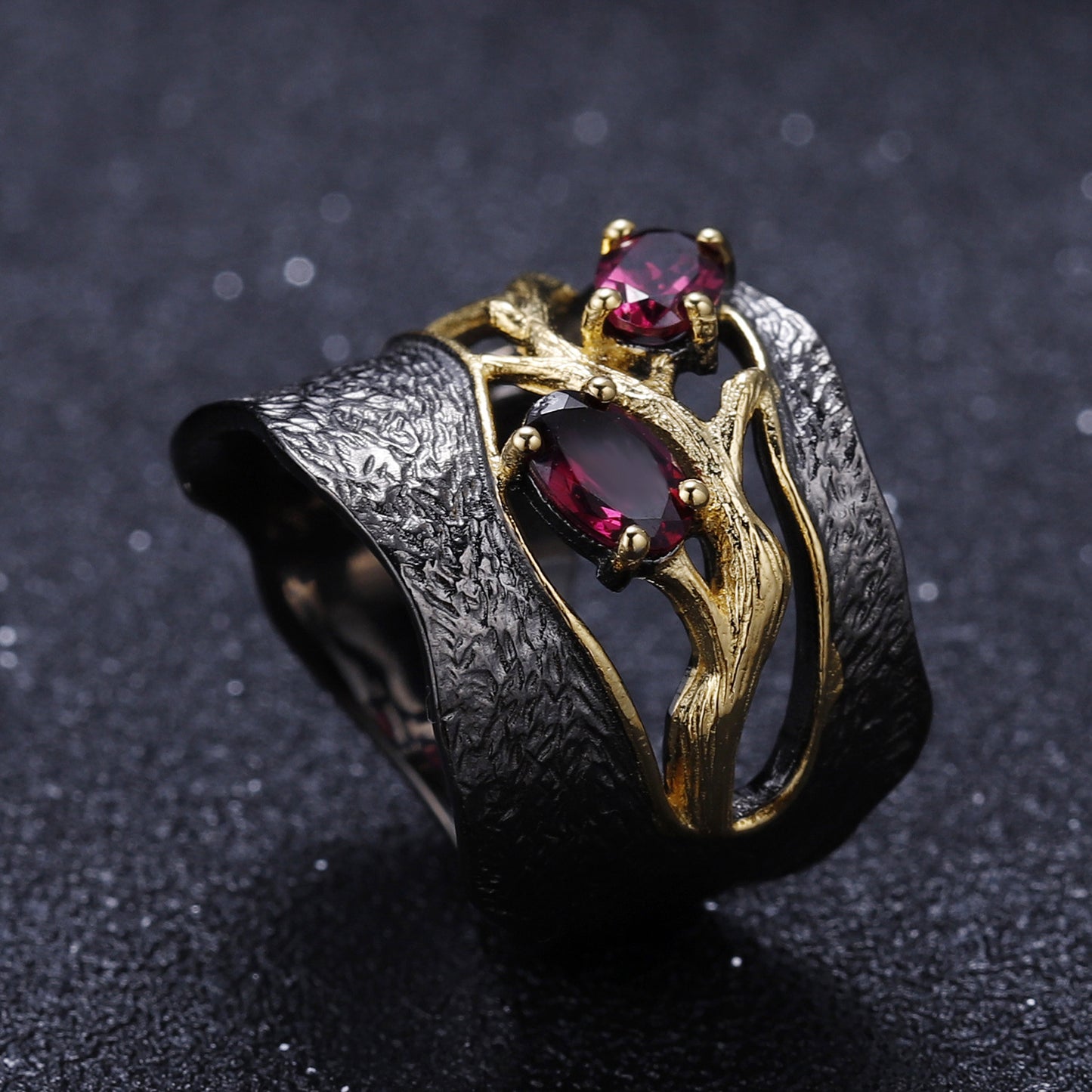 Secret Garden High-End Designer Ring Cracked Tree Branch s925Sterling Silver Inlaid Natural Gemstone Ring