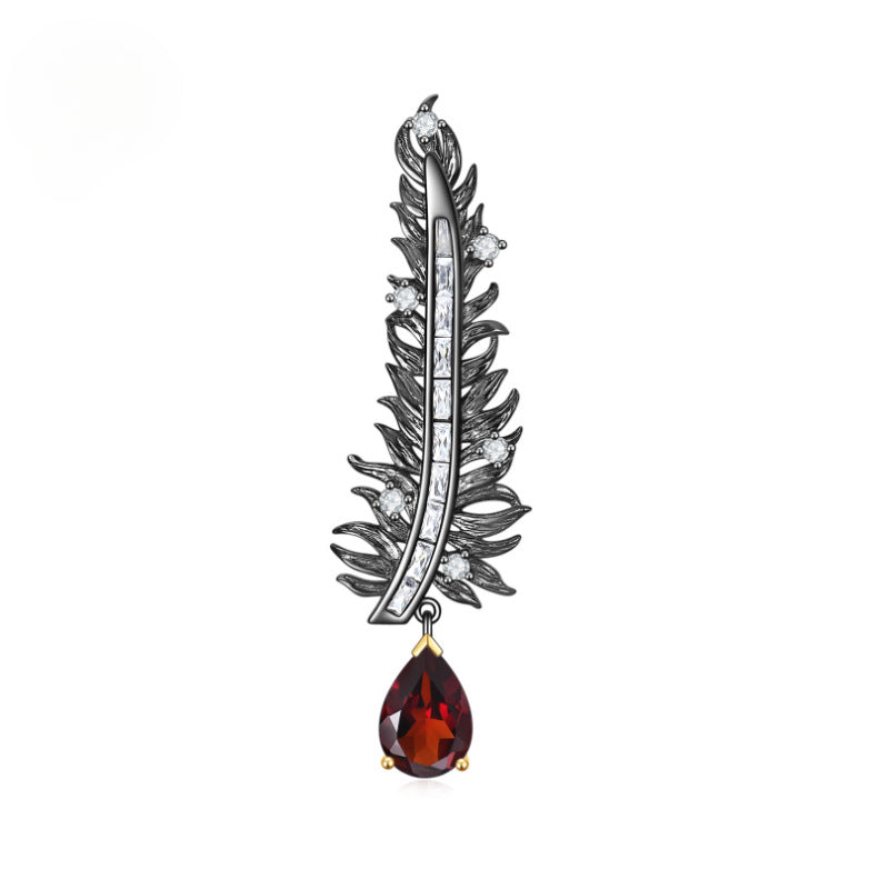 Feather Design Natural Gemstone Brooch s925Silver Inlaid Garnet Brooch Pendant Dual-use Style