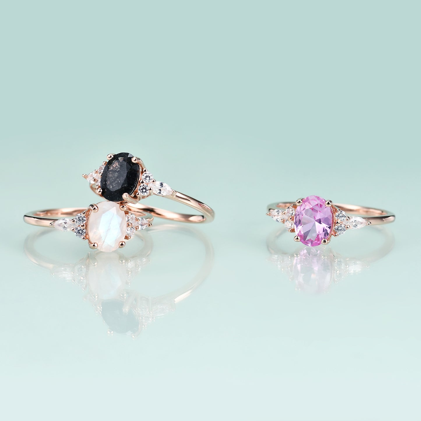s925Sterling Silver Inlaid Gemstone Natural Moonstone Ring Fashionable Light Luxury High-end Rose Gold Ring