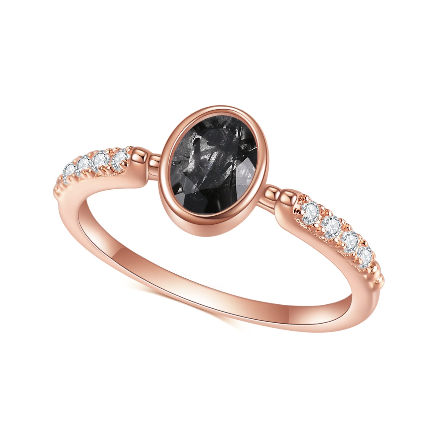 Jewelry S925Sterling Silver Inlaid Natural Black Hair Crystal Ring Fashionable and Elegant Light Luxury Rose Gold Ring