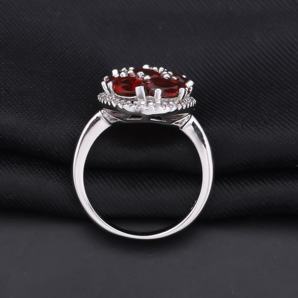 Cluster Inlaid Natural Garnet Ring for Women Fashionable, luxurious, and high-end feel s925Silver Inlaid Natural Gemstone Ring