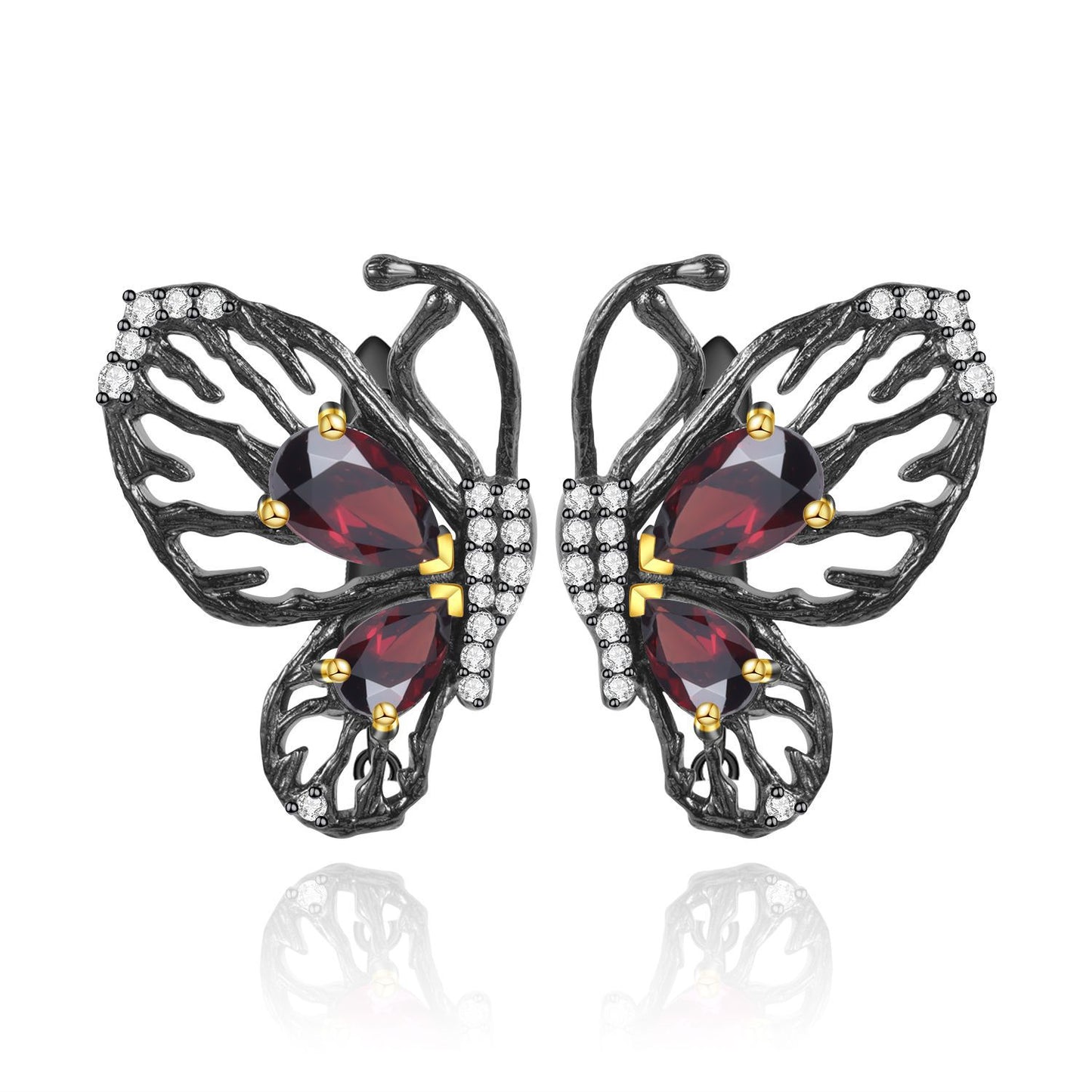 Designer Natural Garnet Earrings Butterfly Unique Design s925Sterling Silver Inlaid Gemstone Stud Earrings