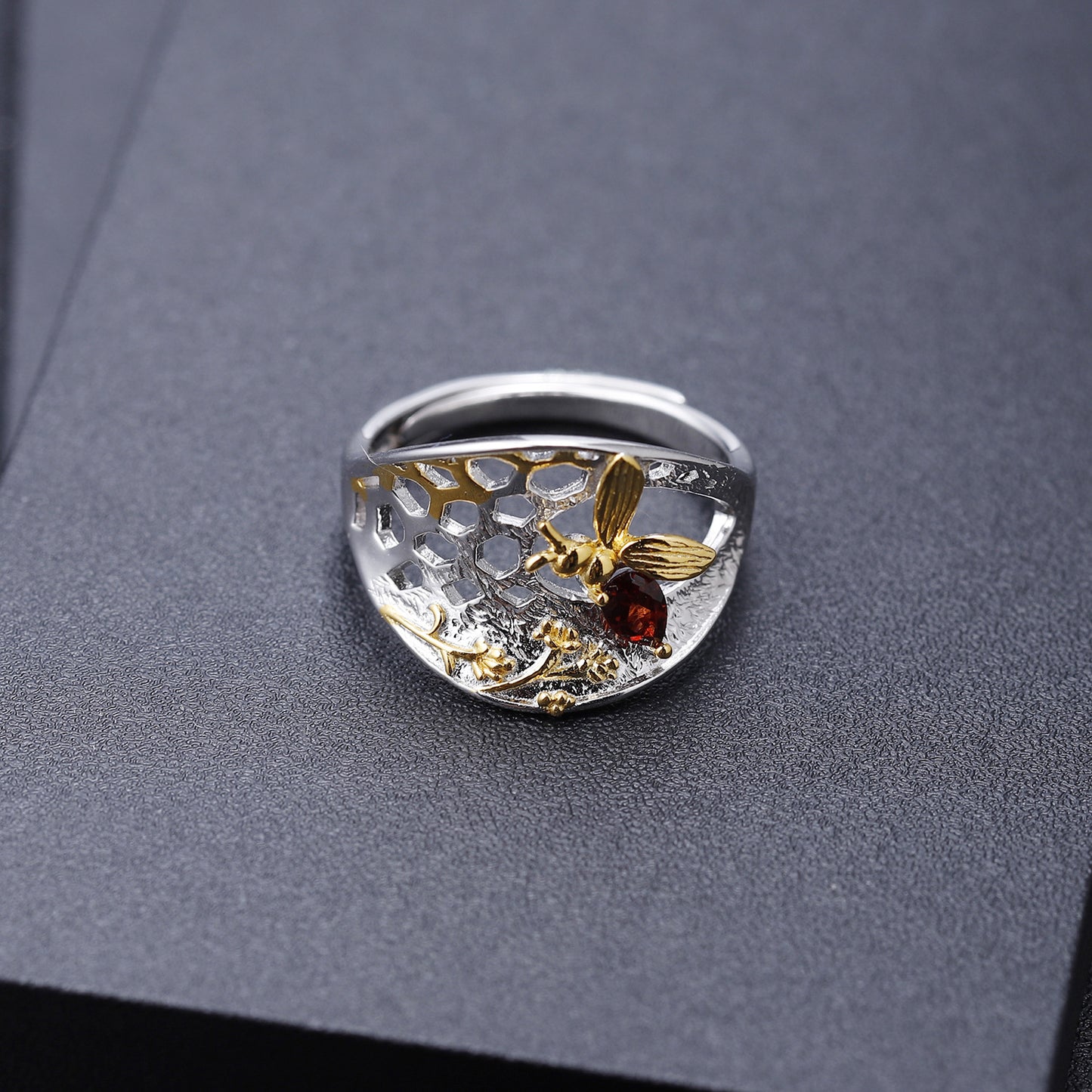 Designer Style Natural Wind Adjustable Open Ring Beehive Design s925Silver natural gemstone ring