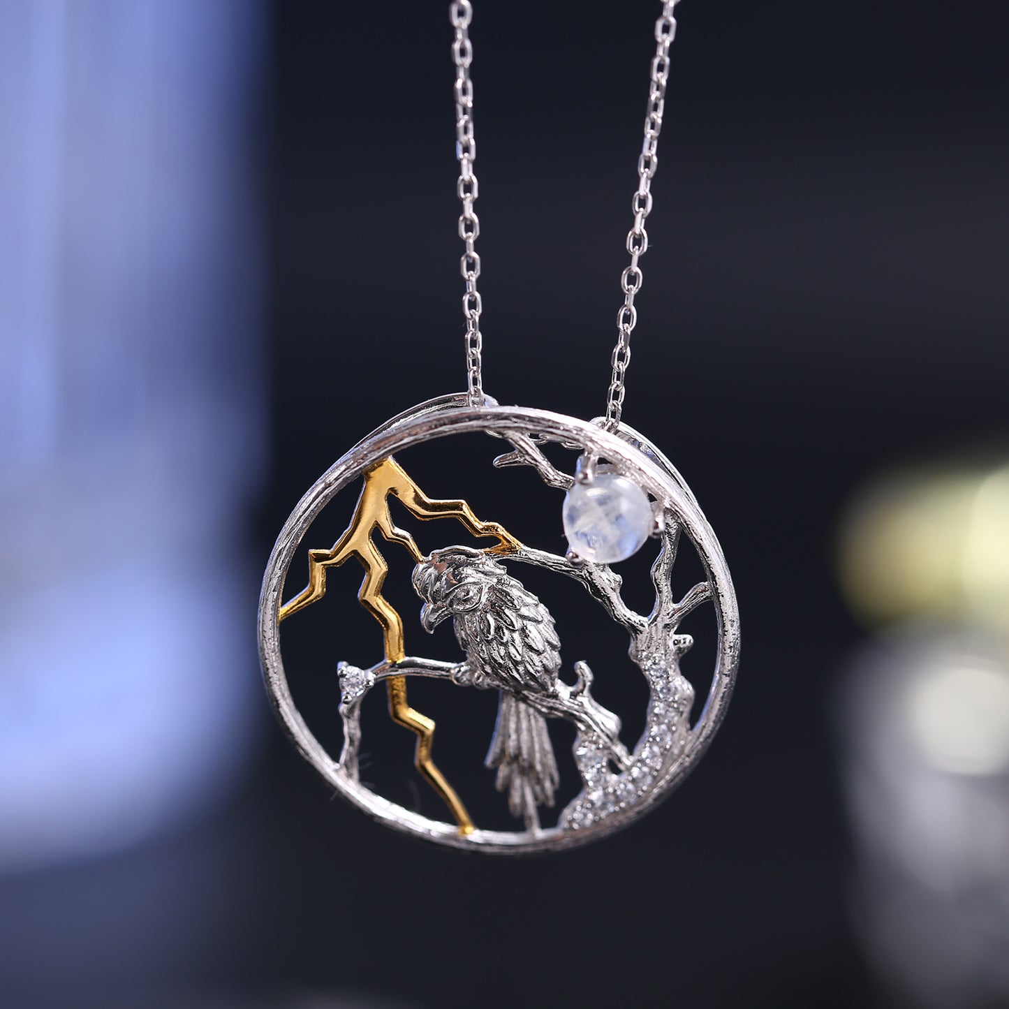 Natural Wind Natural Cream Blue Moonstone Pendant Cross-border s925Sterling Silver Gemstone Independent Designer Necklace