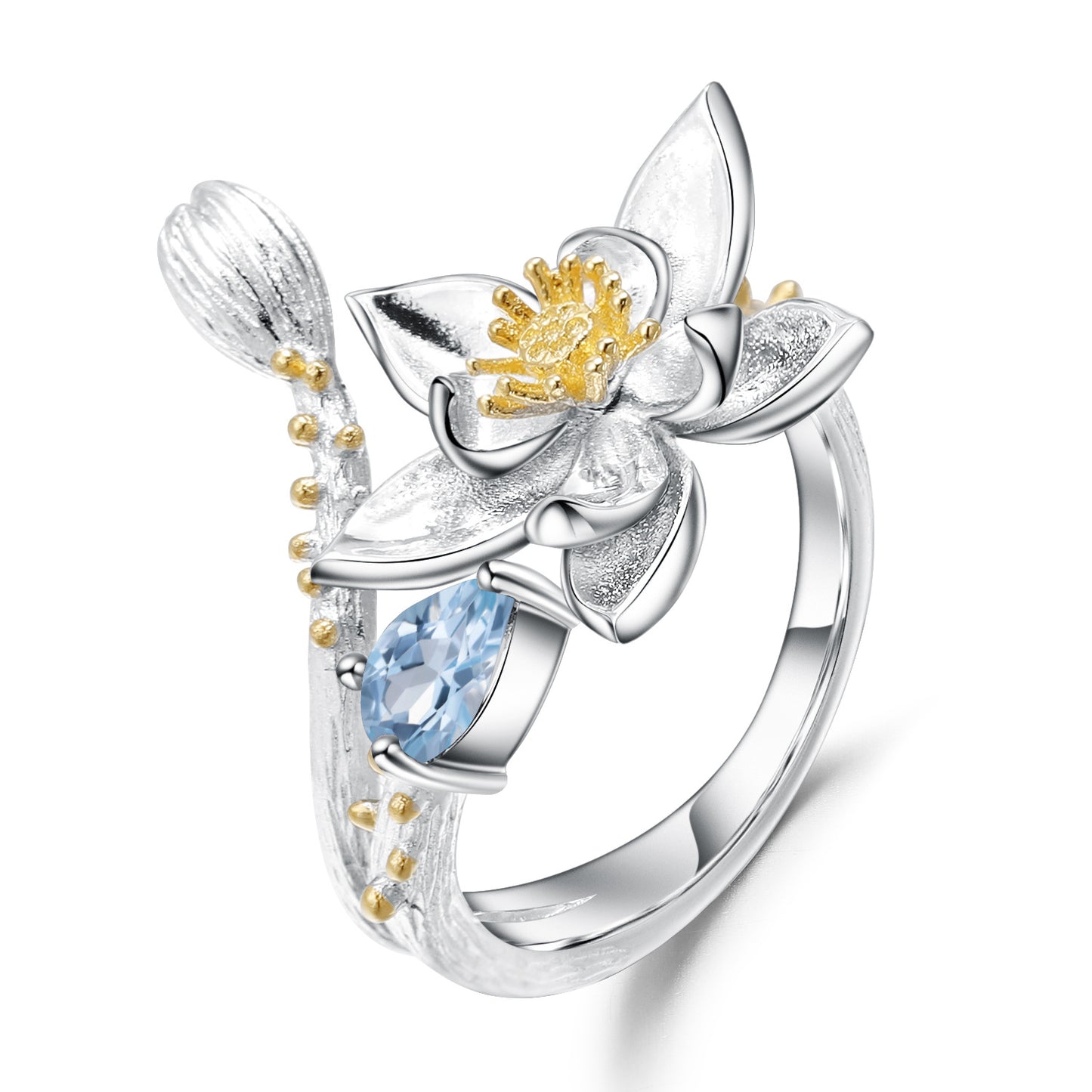 Designer Gemstone Inlaid Open Ring Natural Style Floral Design s925Silver natural gemstone ring
