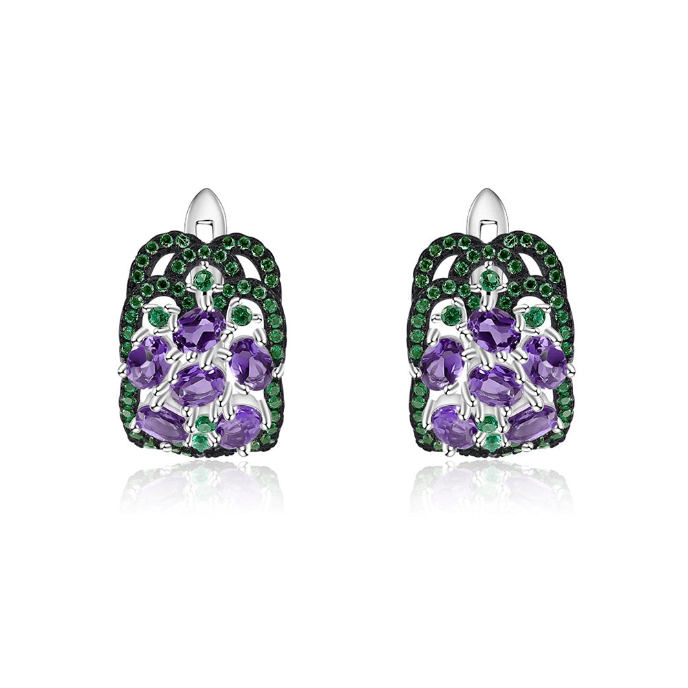 Luxurious and High-end Natural Rose Pomegranate Earrings Flourishing Series925Silver Inlaid Gemstone Stud Earrings
