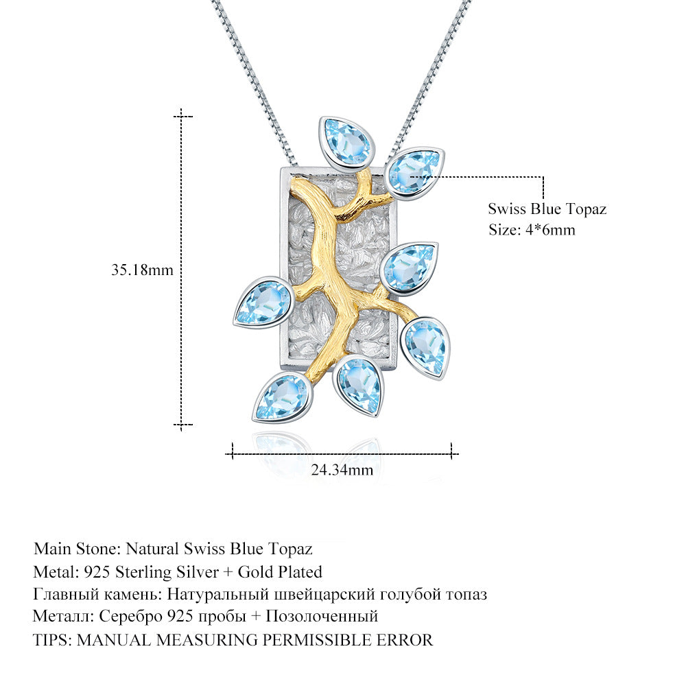 Designer Natural Topaz Pendant Floral Branch Jade Leaf High-end Design s925Silver Gemstone Necklace Pendant