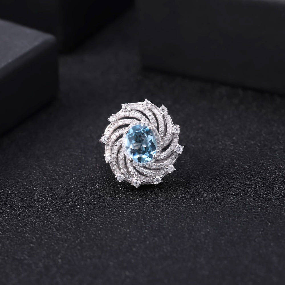 Luxurious High-End Natural Topaz Ring New Style Personality s925Silver Inlaid Natural Sapphire Ring