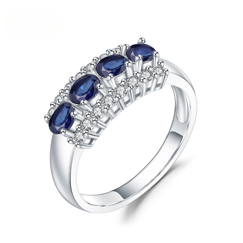 New Luxury High-End Natural Sapphire Ring Fashion Design One-Word Row s925Silver Inlaid Gemstone Ring