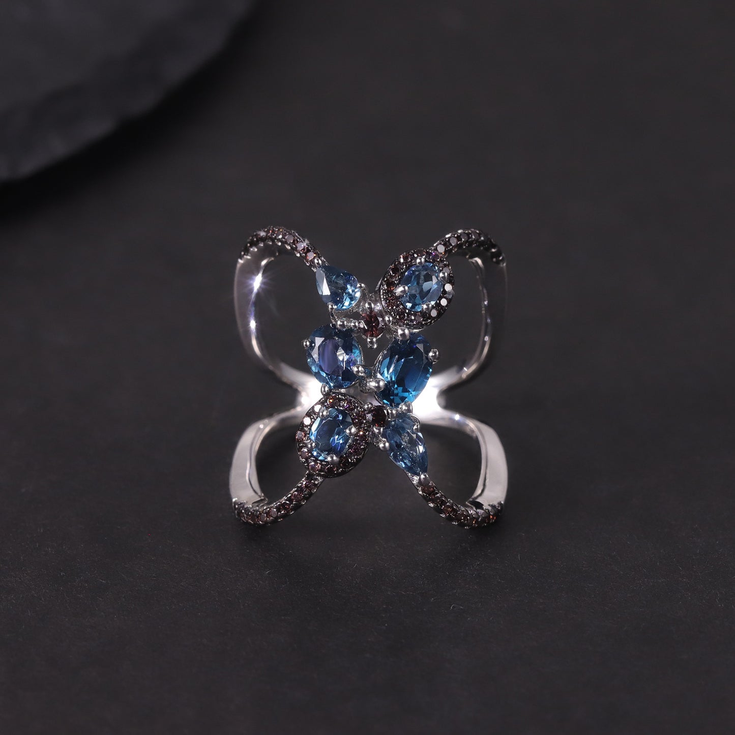 Butterfly Shape Original Design Natural Topaz Ring s925Silver Cluster Inlaid Amethyst Dark Style Couple Rings