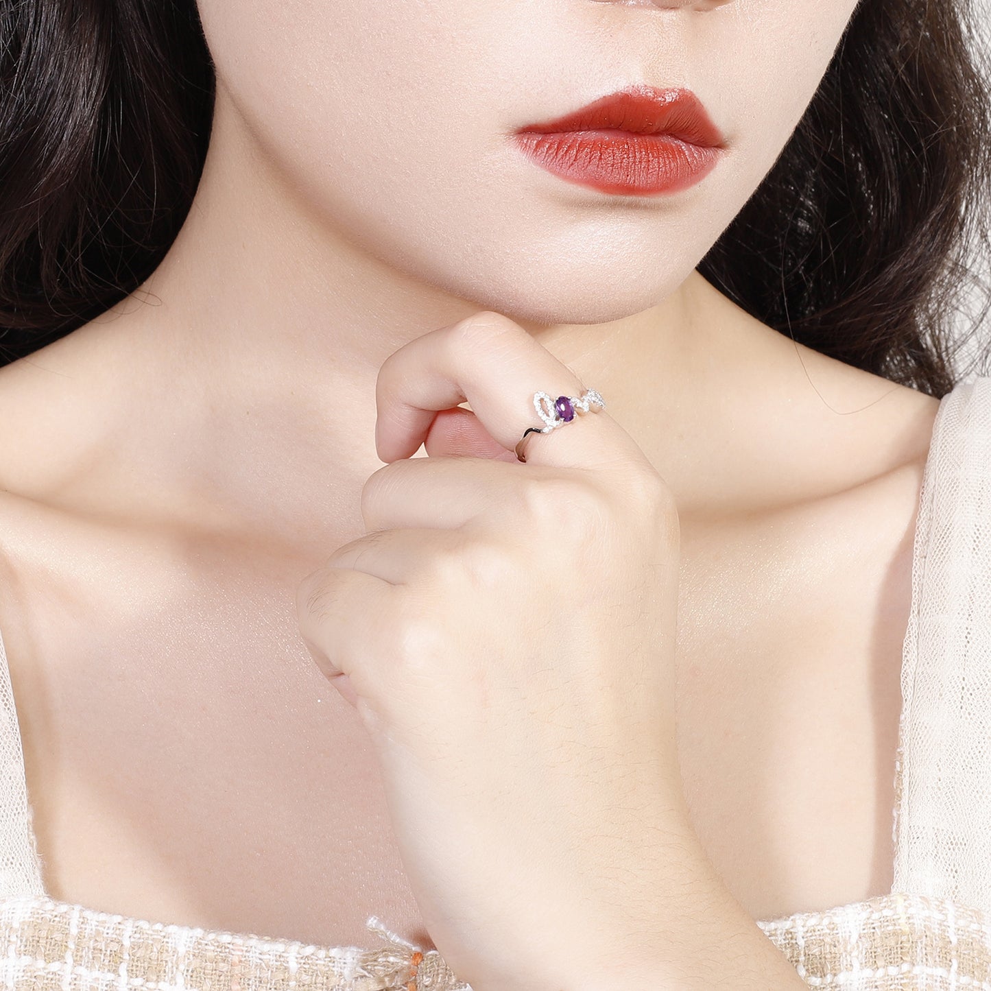 Fashion Design Luxury Amethyst Ring for Women 925Sterling Silver Inlaid with Natural Gemstones LOVE Letter Ring