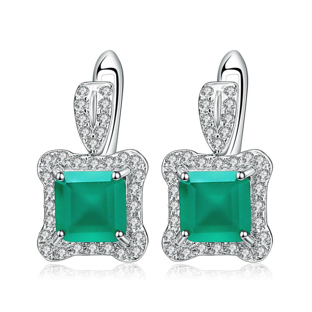 Natural Stone Green Agate Temperament Ear Studs Chanel Style s925Silver Inlaid Colorful Gemstone Crystal Earrings Jewelry