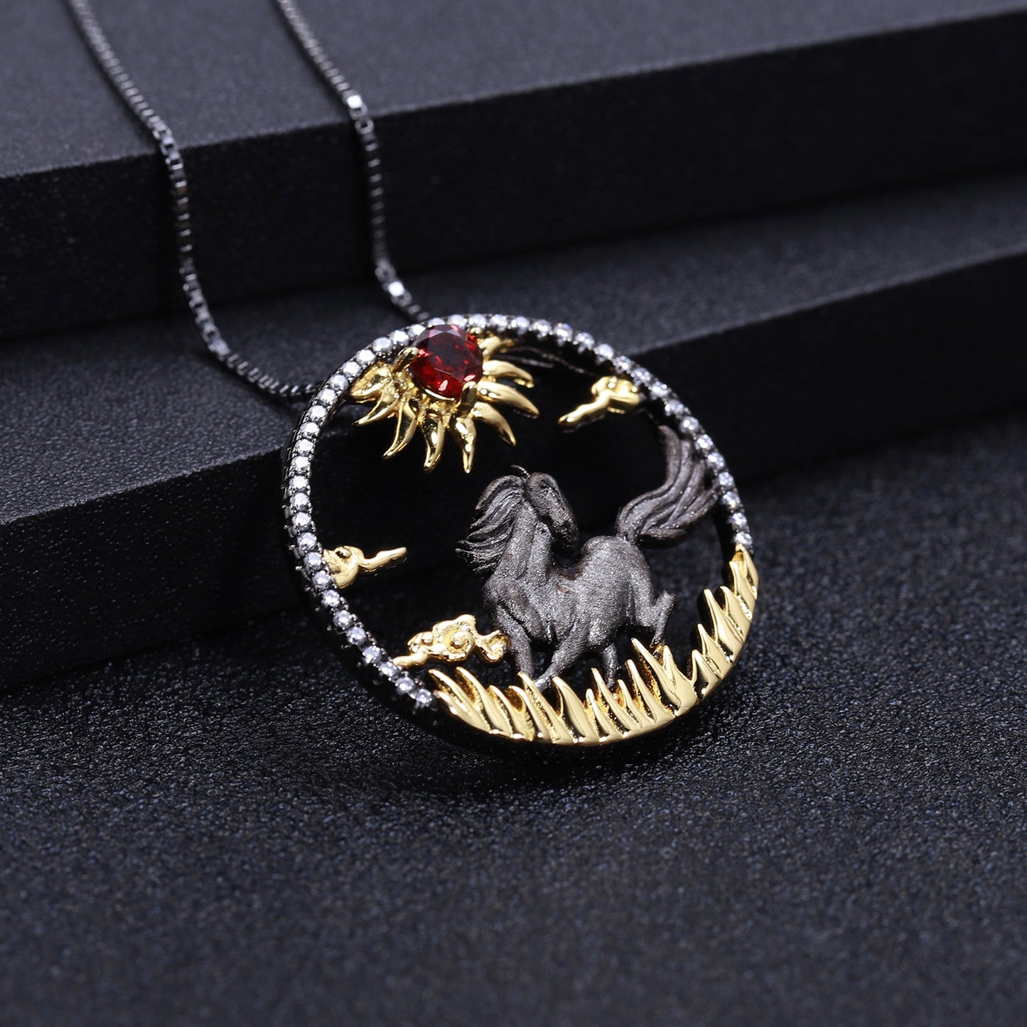 Designer Chinese Style Element Pendant Twelve Zodiac Series Horse 925Silver Natural Gemstone Necklace Pendant
