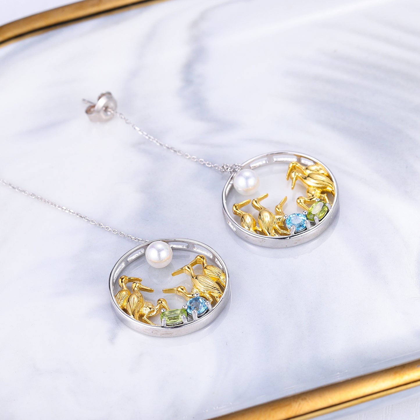 Freshwater Pearl Natural Topaz Peridot Earrings Crane's Love925Silver Earrings Chinese Style Round Earrings