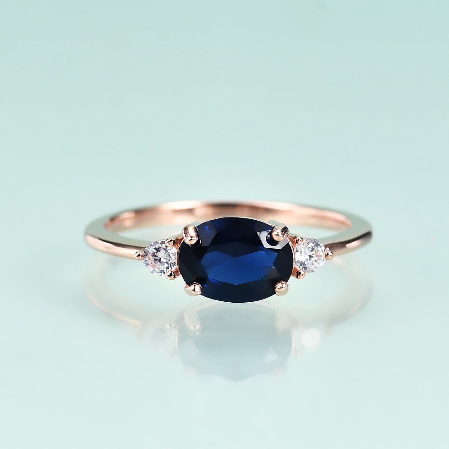 S925Sterling Silver Inlaid Blue Gemstone Ring Fashionable Classic Light Luxury6*8mm Gemstone Rose Gold Ring