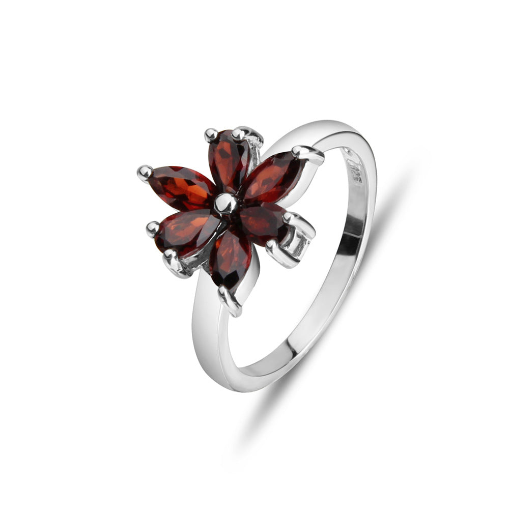 Flower Gemstone Ring for Women s925Sterling Silver Inlaid Natural Garnet Ring Sweet Style Silver Jewelry Wholesale In Stock