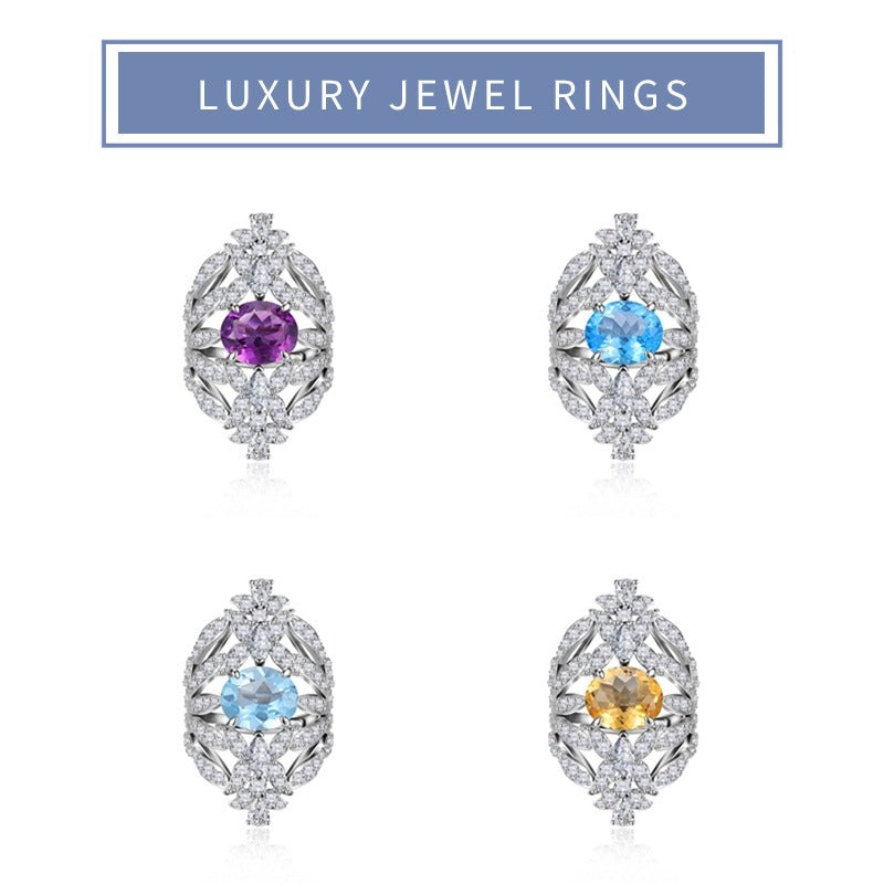 Unique Design Natural Topaz Ring s925Silver Inlaid Crystal Large Main Stone Cross-Border Original Ring