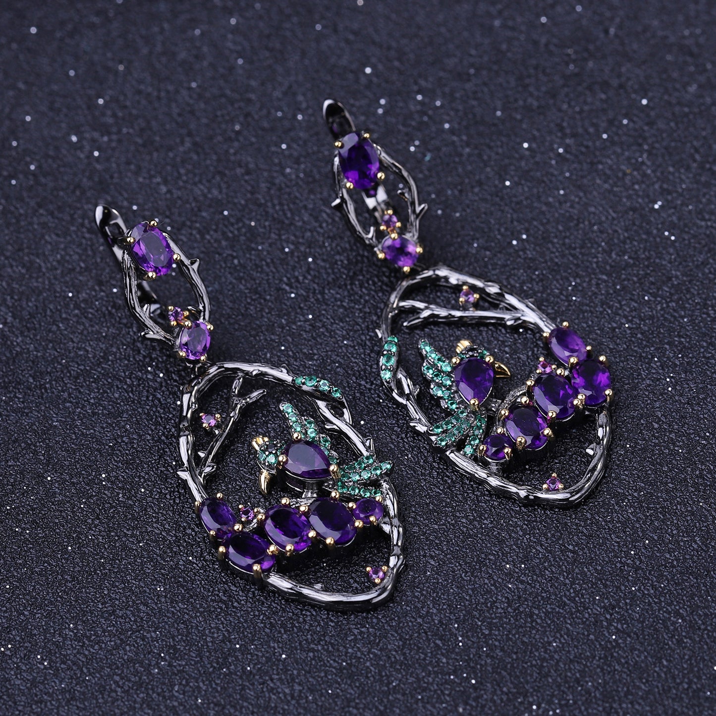 Secret Garden Designer Earrings Birds in the Bush Design Chinese Style925Silver Natural Gemstone Earrings