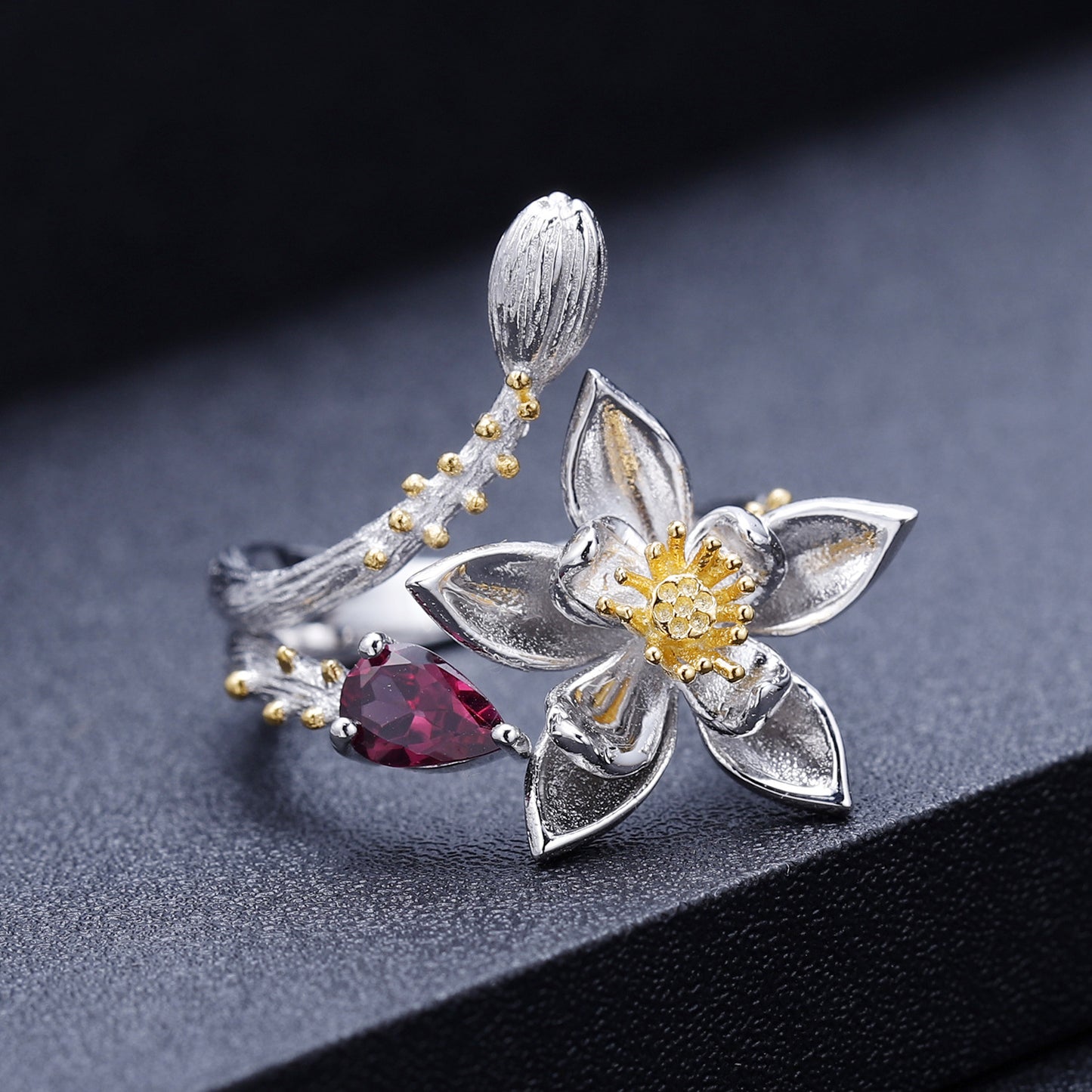 Designer Gemstone Inlaid Open Ring Natural Style Floral Design s925Silver natural gemstone ring