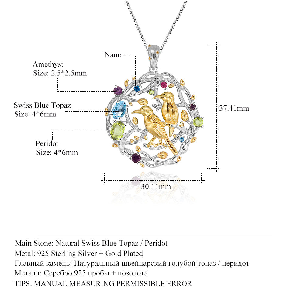 Designer Style High-End Personality Pendant Natural Style Little Bird Design925Silver Natural Gemstone Necklace Pendant