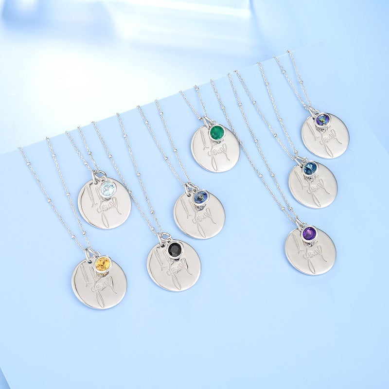 Factory Direct Supply s925Silver Necklace Pendant for Women, Light Luxury Round Pendant with Engraving, Natural Gemstone Colorful Gemstone Pendant