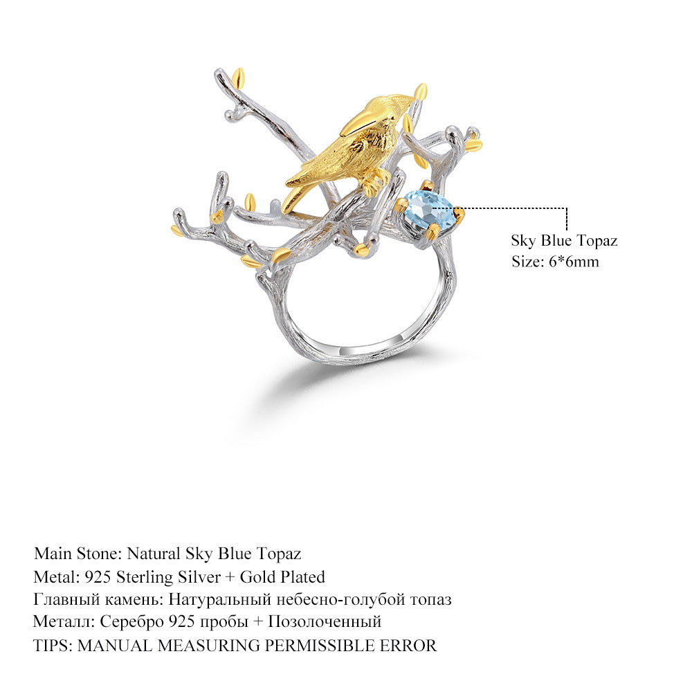 Designer Natural Peridot Ring Natural Style Tree Branch Bird Design s925Silver Inlaid Gemstone Ring