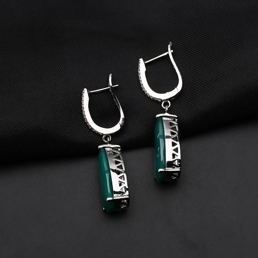 Luxurious and Sophisticated Green Agate Earrings Fashion Temperament s925Sterling Silver Inlaid Natural Gemstone Earrings