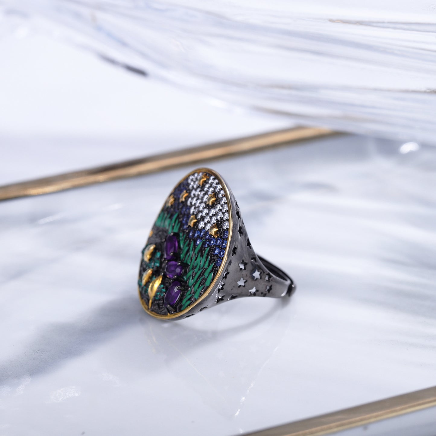 Niche Advanced Sense925Silver Original Design Gemstone Adjustable Ring Natural Stone Amethyst Ring for Men and Women