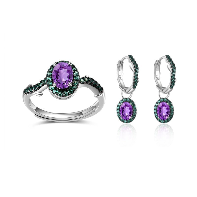 Design Sense Set Natural Crystal s925Sterling Silver Ring Earrings Sapphire Jewelry Set Niche