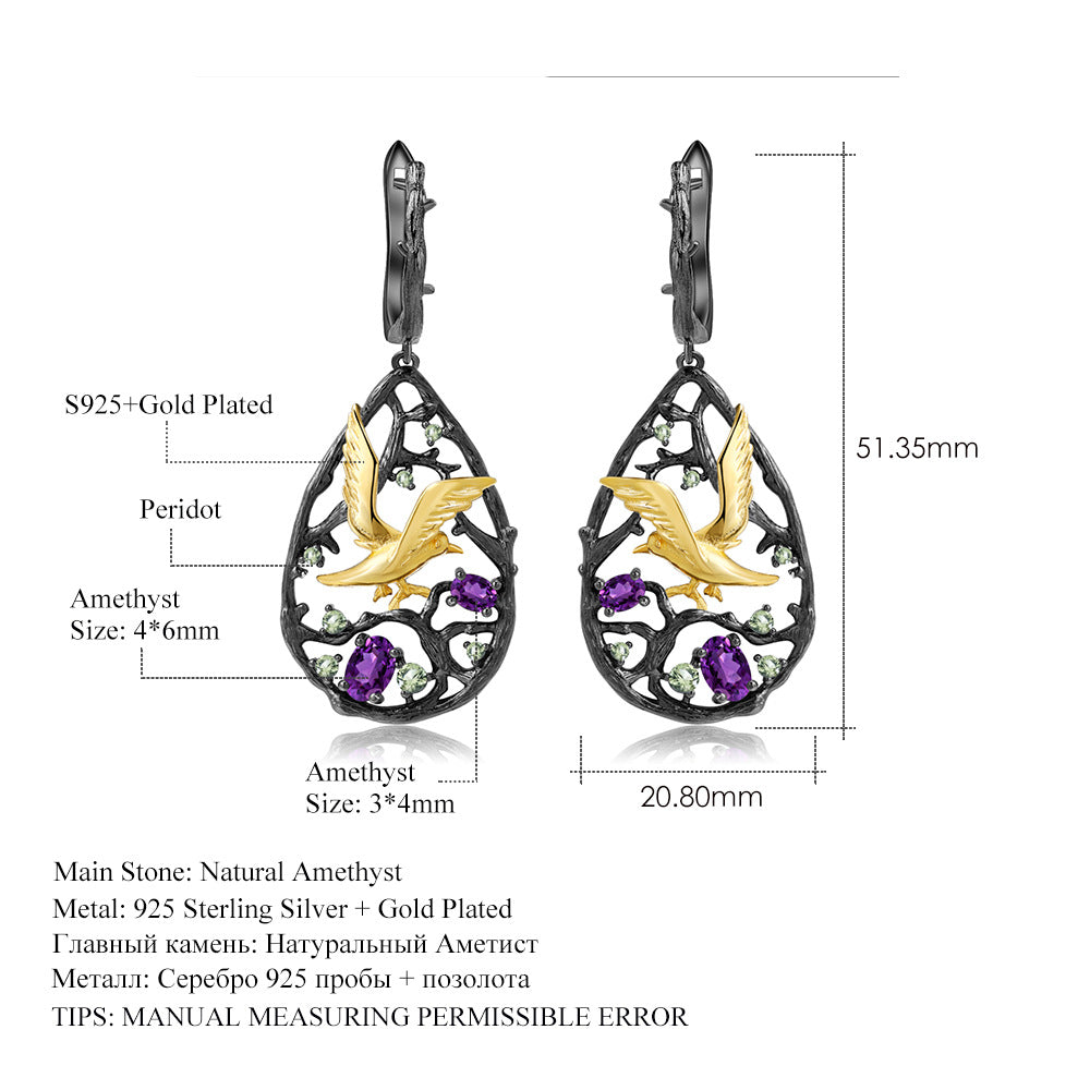 Bird's Paradise Original Design Earrings S925Sterling Silver Inlaid Natural Topaz Garnet Earrings Black