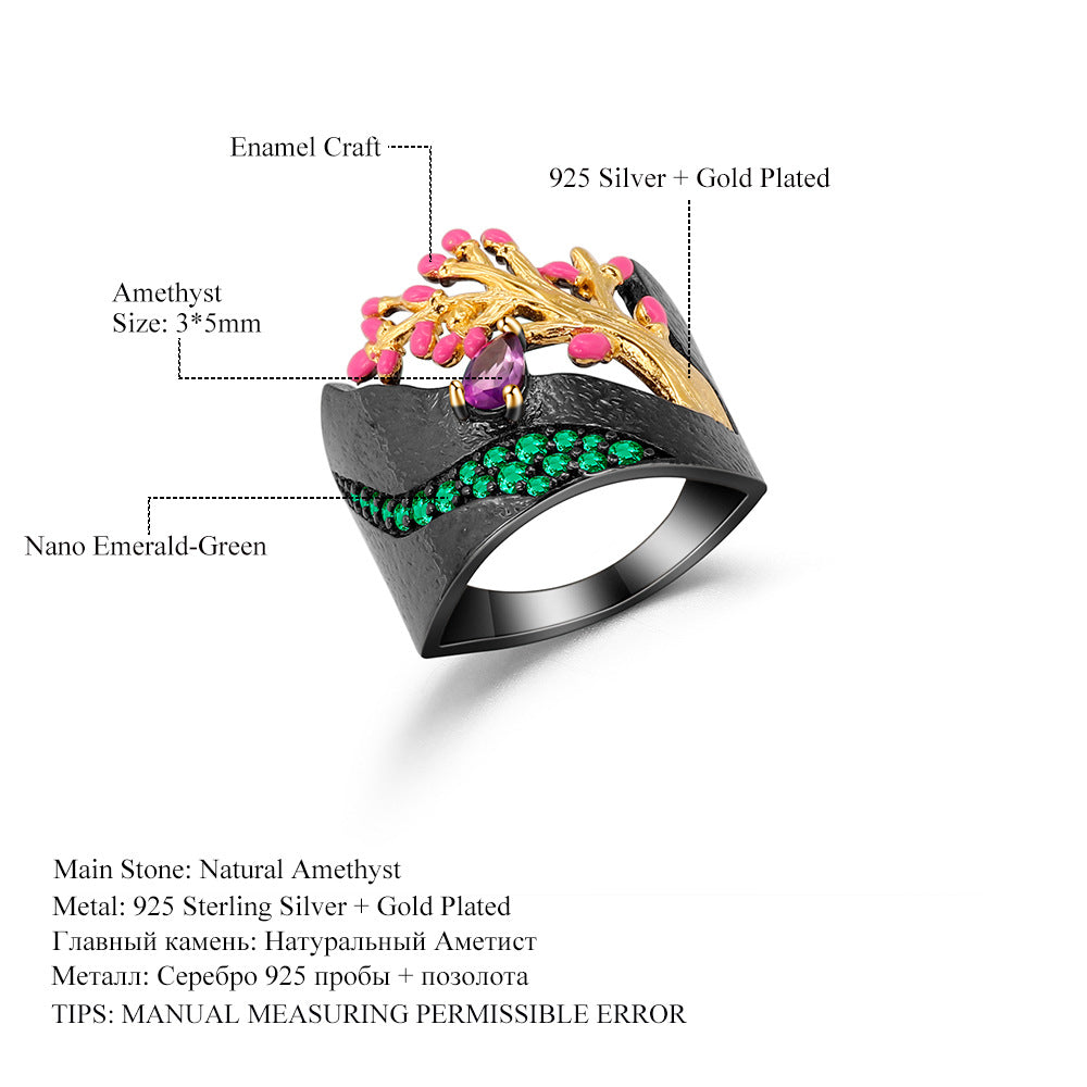 Designer Natural Style Tree of Life Ring Italian Craft Retro s925Silver Natural Amethyst Ring