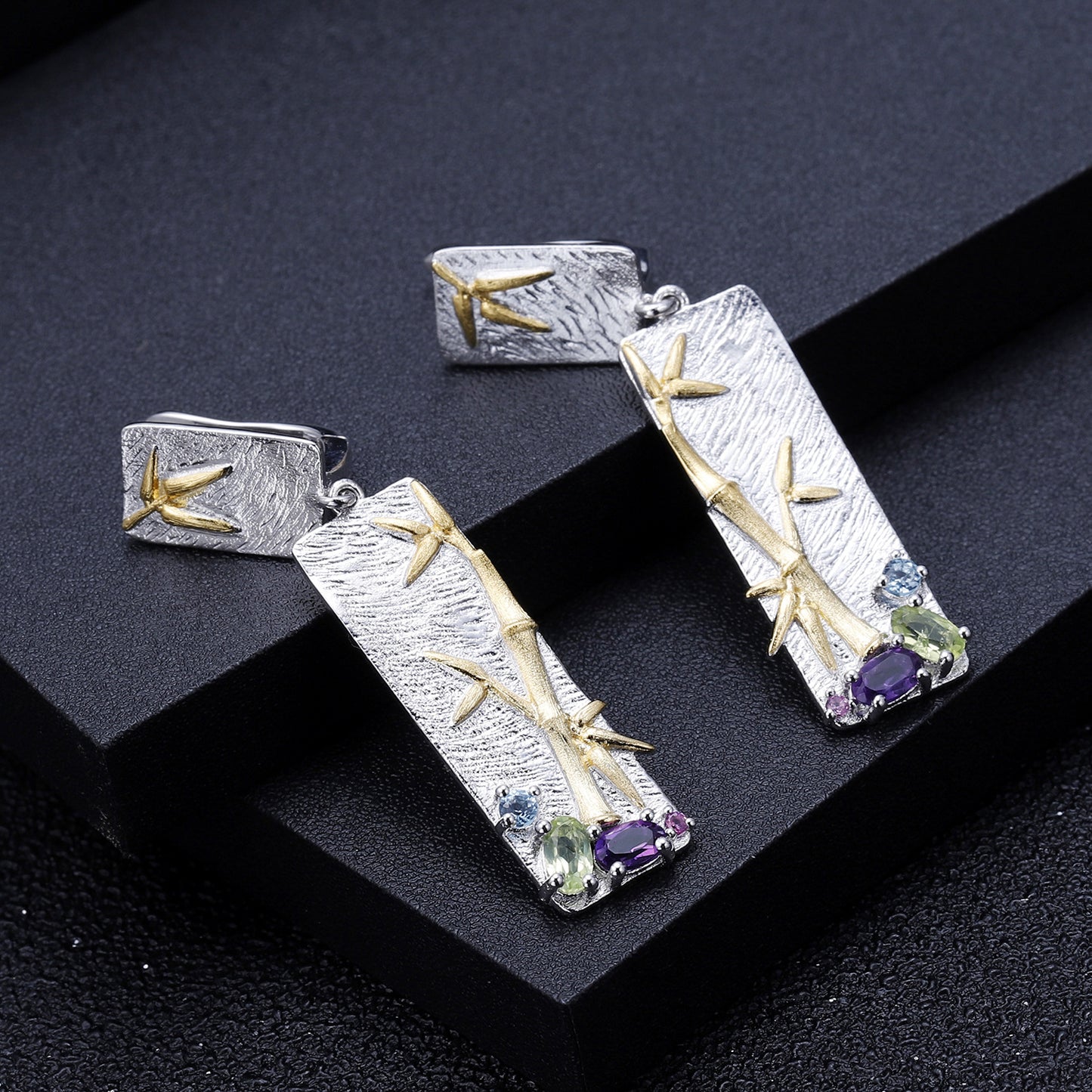 Natural Style Bamboo Gemstone Earrings S925Original Design Pure Silver Natural Translucent Topaz Amethyst Earrings