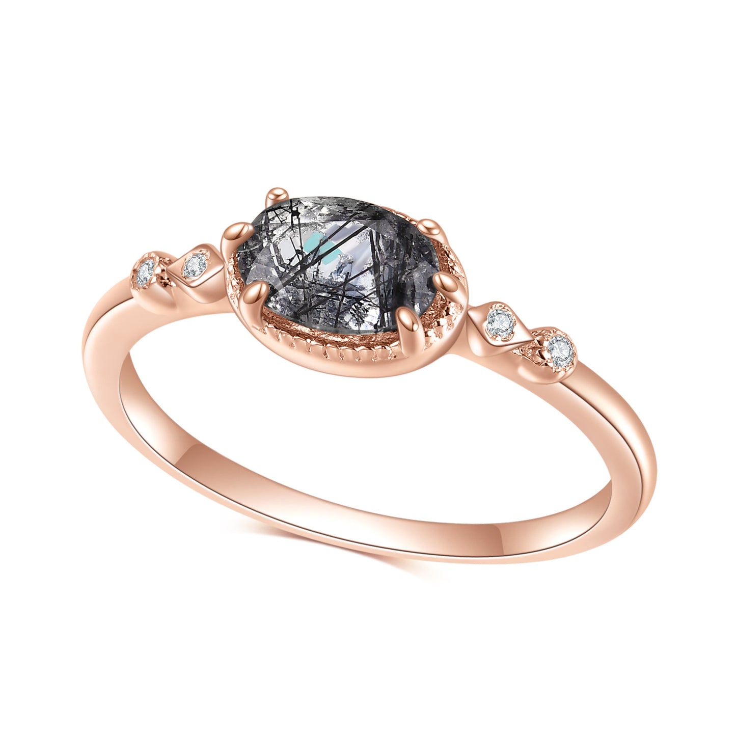 Jewelry S925Sterling Silver Inlaid Natural Black Hair Crystal Ring Fashionable and Elegant Light Luxury Rose Gold Ring