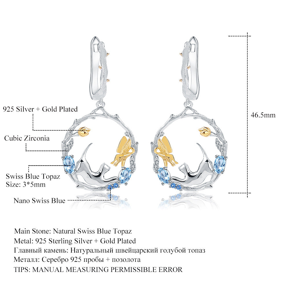 Designer Inlaid Gemstone National Style Earrings Natural Style Animal Design925Silver Topaz Stud Earrings