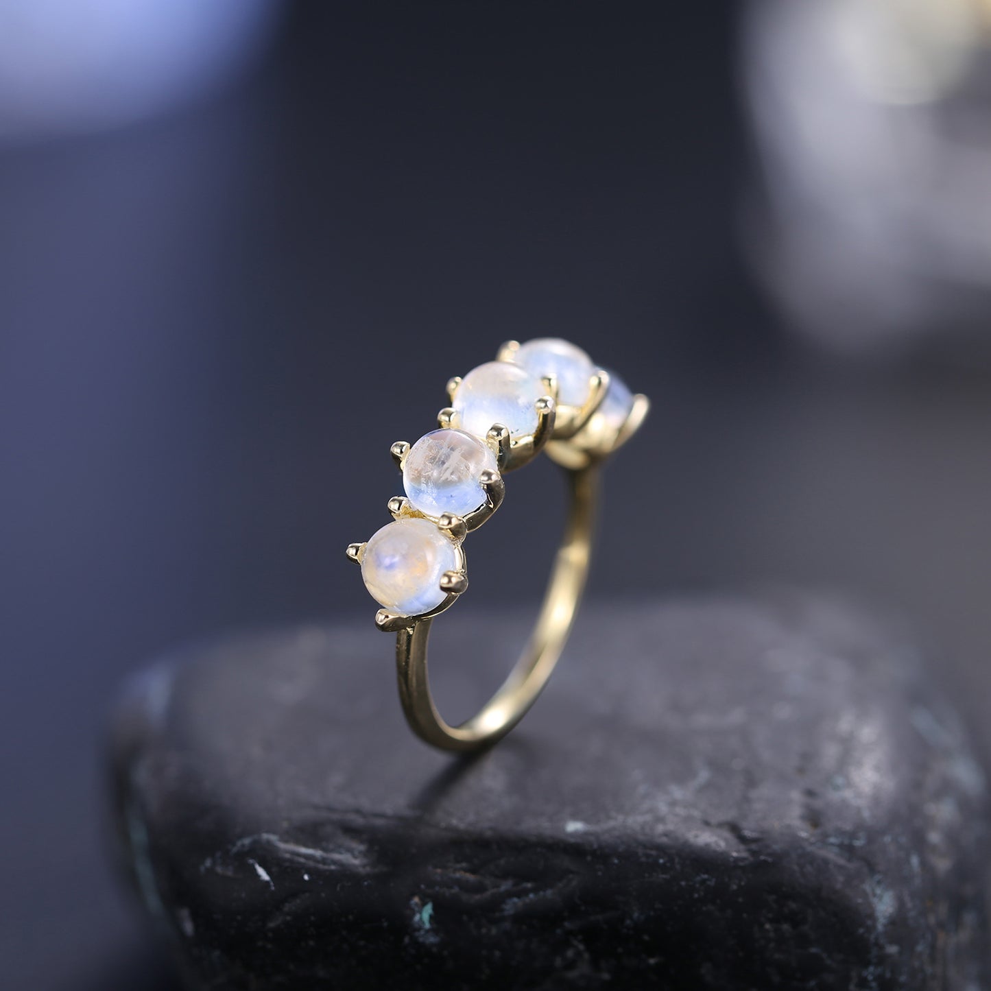 Niche Design Natural Cream Blue Moonstone Ring Export s925Sterling Silver Inlaid Gemstone Ring Gold