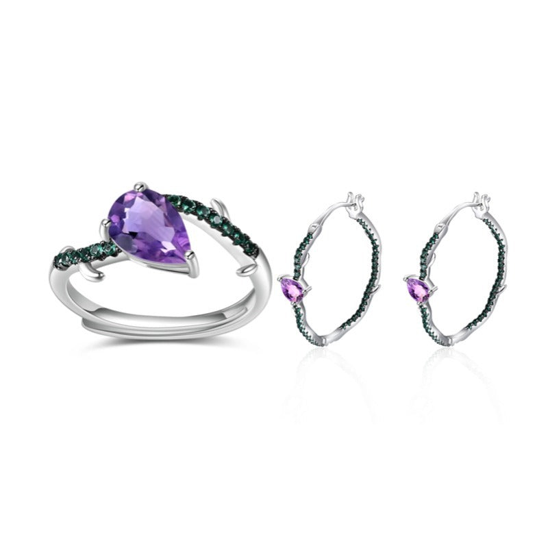 Natural Style Plant Sapphire Set Natural Peridot s925Sterling Silver Ring Earrings Amethyst Jewelry Set