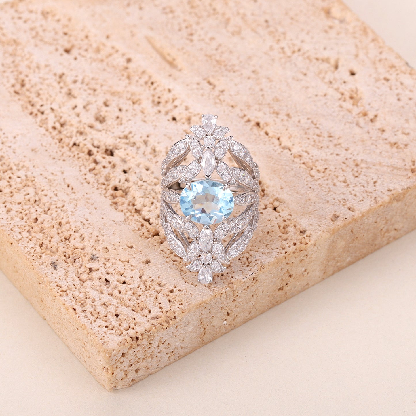 Unique Design Natural Topaz Ring s925Silver Inlaid Crystal Large Main Stone Cross-Border Original Ring