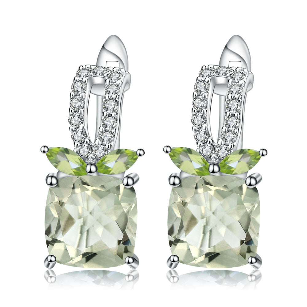 Luxury Design Natural Green Amethyst Earrings Fashion High-End Sense s925Silver Inlaid Natural Gemstone Earrings