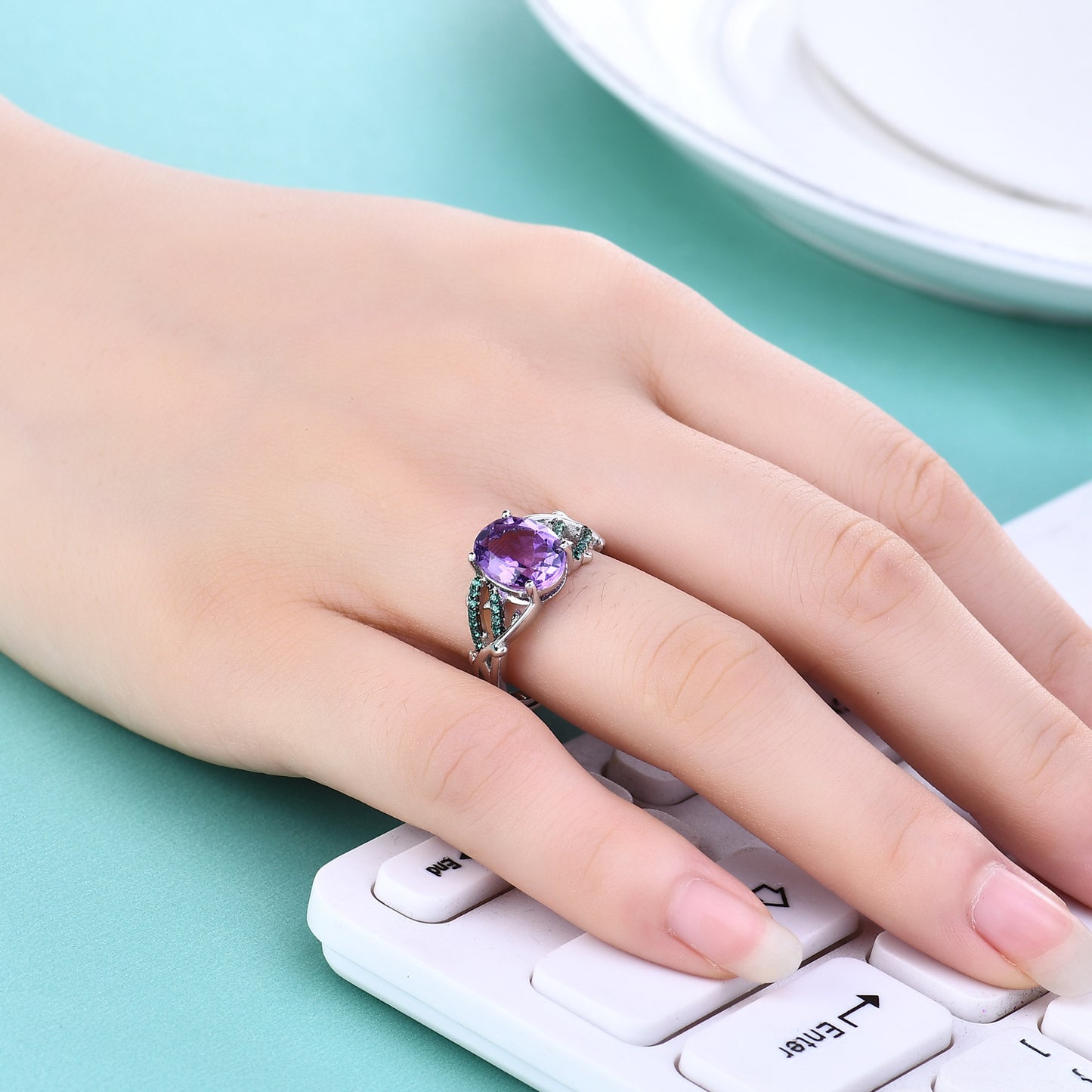Thorn Bud Personality Design Adjustable Ring s925Sterling Silver Inlaid Natural Gemstone Amethyst Ring