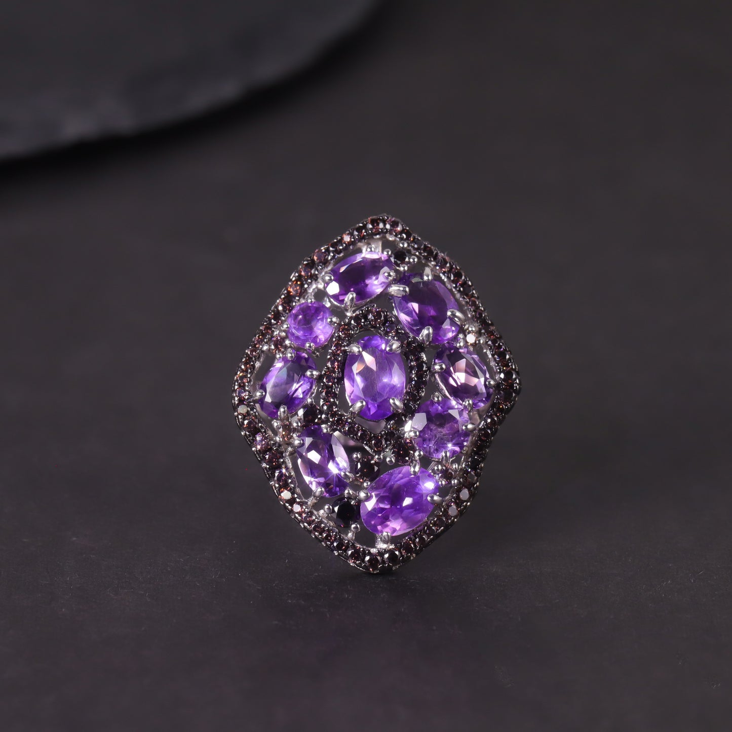 Luxurious Diopside Ring s925Sterling Silver Inlaid Natural Amethyst Green Chalcedony Ring Vintage Style Jewelry